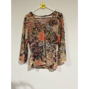 90’s Cubism Top 3/4 Sleeve Phoebe Buffay Boho Brown & Coral Floral Large
